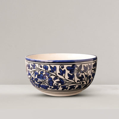 Handmade ceramic serving bowl, blue and ivory colors